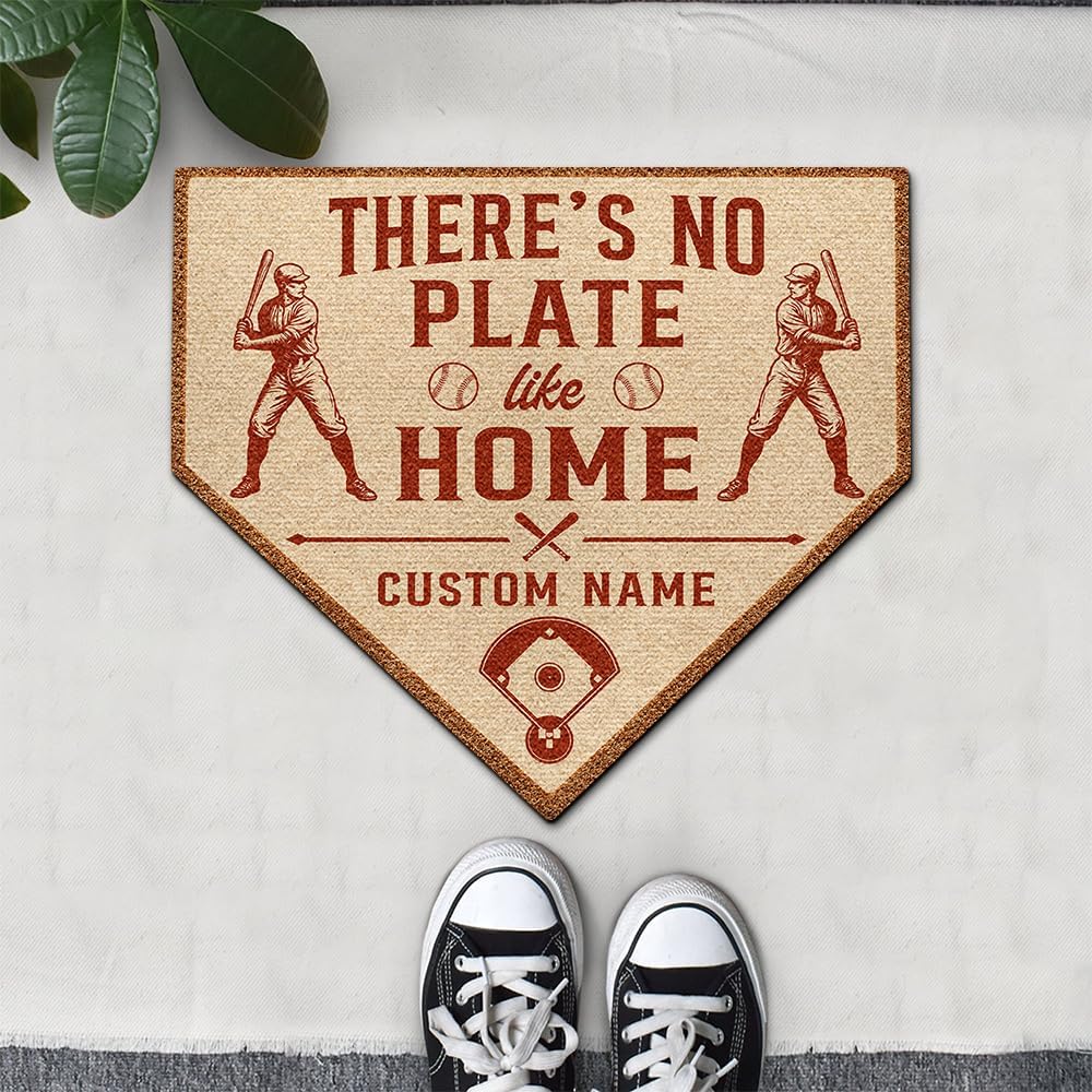 Personalized Baseball Shape Doormat – Custom Baseball Home Plate Welcome Mat with Family Name, No Plate Like Home Funny Entry Decor, Housewarming Coach Gift (No Plate Like Home Shape)