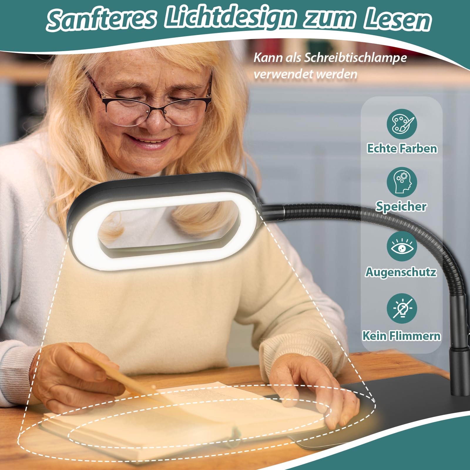 Drdefi 10X Rectangle Lupe mit Licht und Ständer, Echtes Glas Lupenlampe, 5 Farbmodi Stufenlos Dimmbar, Flexible Schwanenhals LED Beleuchtete Schreibtischlampe, Freihändige Lupenleuchte für Lesen Hobby
