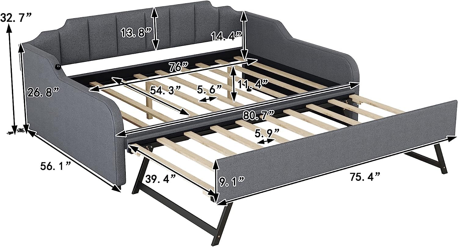 Harper & Bright Designs Full Size Upholstered Daybed with Pop Up Trundle and USB Charging Design, Trundle can be Flat or Erected, Extendable Daybed Frame for Kids Teens (Grey,Full)