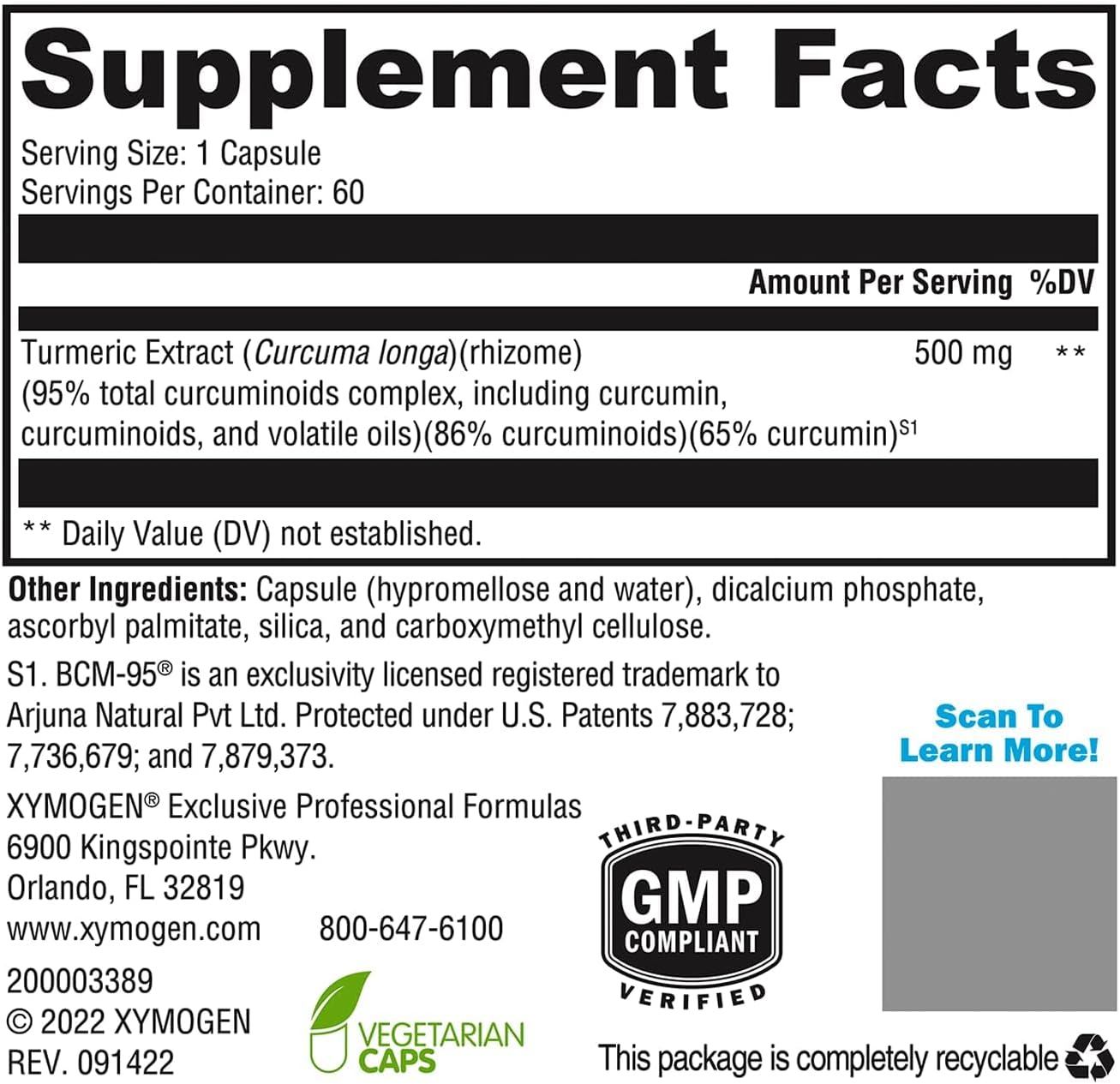 XYMOGEN CurcuPlex-95 - Turmeric Curcumin Supplement for Daily Brain Support* - Enhanced Bioavailability - Non-GMO, Gluten-Free, Vegan - 60 Capsules