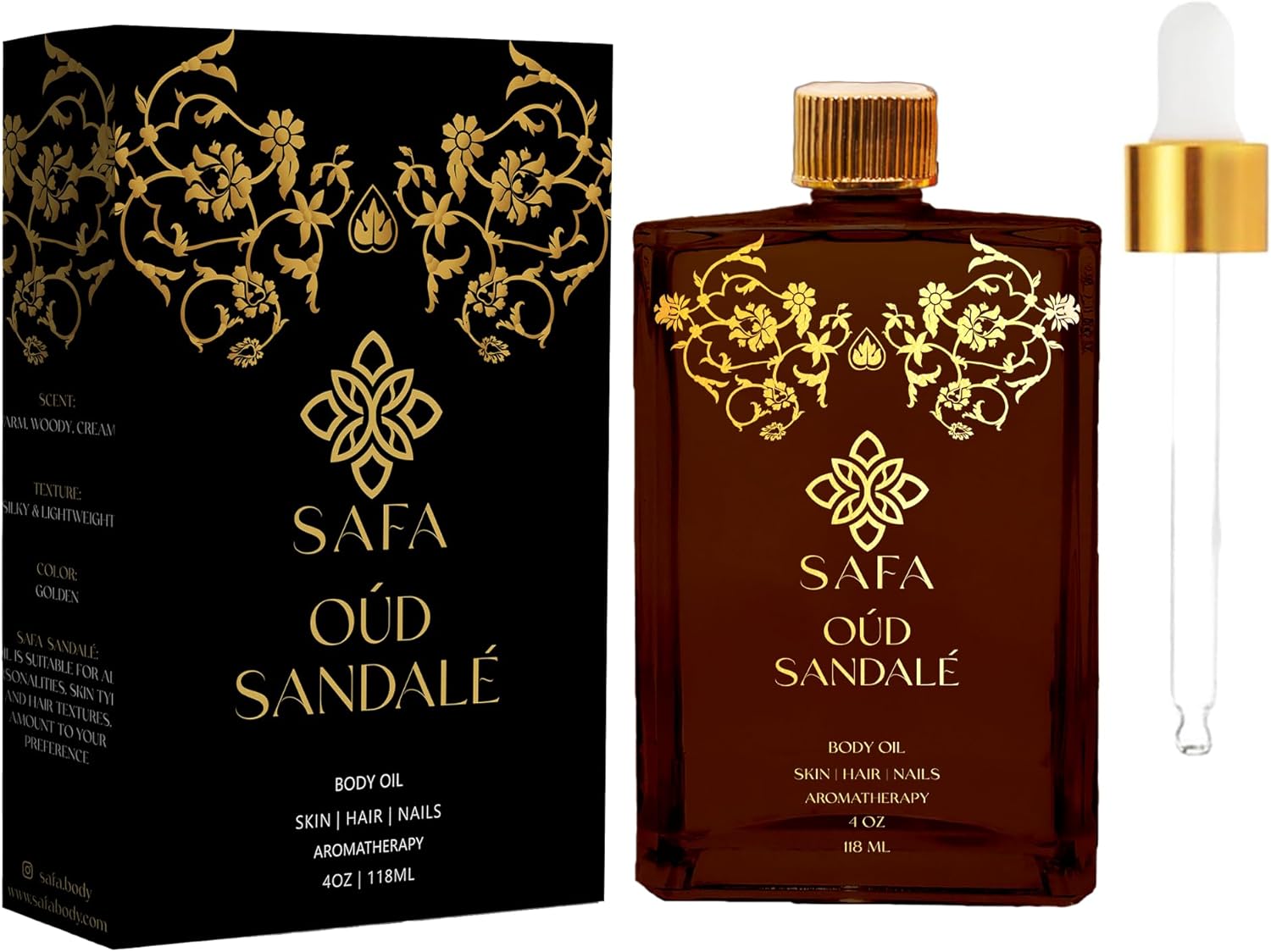 SAFA Oud Sandalé Oil – Organic Oud & Sandalwood Essential Oil for Hair, Body, Face & Nails – Arabian Perfume Oil for Women & Men - Strong & Long Lasting Fragrance - 4 Fl Oz