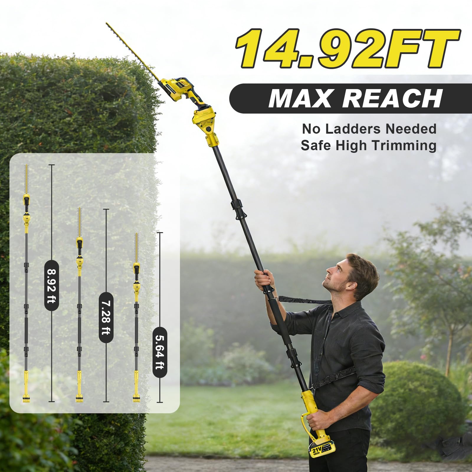 4 en 1 Cortasetos a batería Podador Altura para Makita 18V, con 2×4.0Ah baterías, extensión 4,55 m, Cuchillas 406 mm & 152 mm, Cabeza Corte giratoria 180°, como cortaarbustos y cortacésped (Amarillo)
