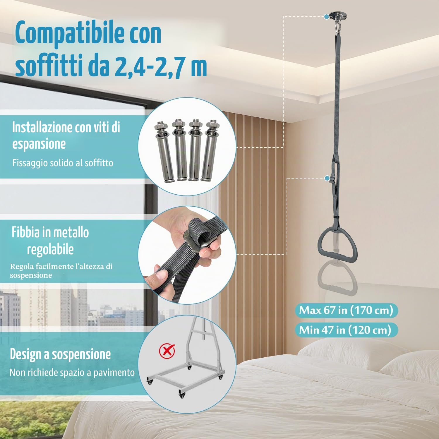 Barra di Sollevamento per Letto per Anziani, Barra di Assistenza per Sollevamento, Trapezio per Letto Ospedaliero per Mobilità e Trasferimento, Barra di Presa a Soffitto, Scala di Supporto per