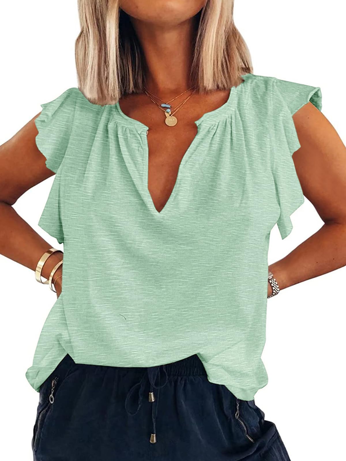 Ebifin Womens Plus Size Tank Tops V Neck Ruffle Sleeve Summer Casual Loose Blouses Tee Shirts