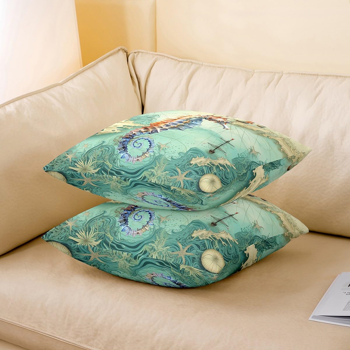 Homemissing Set di 4 federe decorative per cuscini con cavalluccio marino, 50 x 50 cm, con stampa di barca a vela, per divano, a tema oceano, vita marina, per esterni