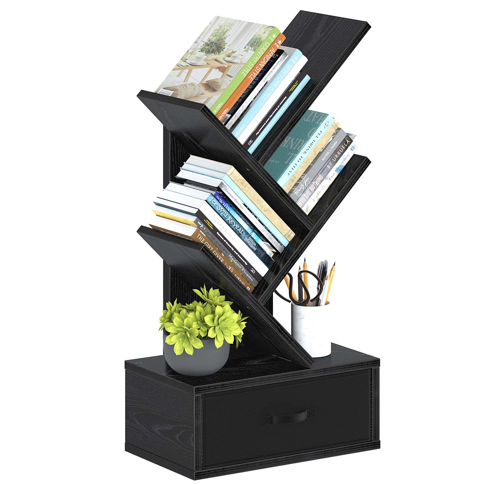 Rolanstar Tree Bookshelf with Drawer, 3 Shelf Bookcase, Retro Wood Storage Rack for CDs/Movies/Books, Utility Organizer Shelves for Living Room, Bedroom, Home Office Black