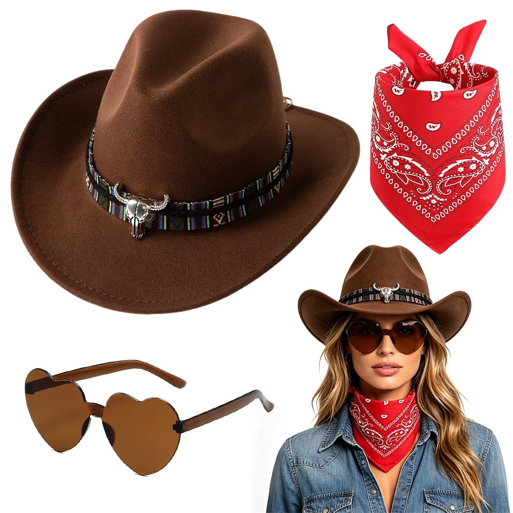 Sombrero Vaquera 3 Piezas Sombrero de Vaquero Accesorios Sombreros Vaquero del Oeste Traje Sombreros Vaquera con Pañuelo Cuadrado y Gafas para Vacaciones Fiestas Temáticas — view 11