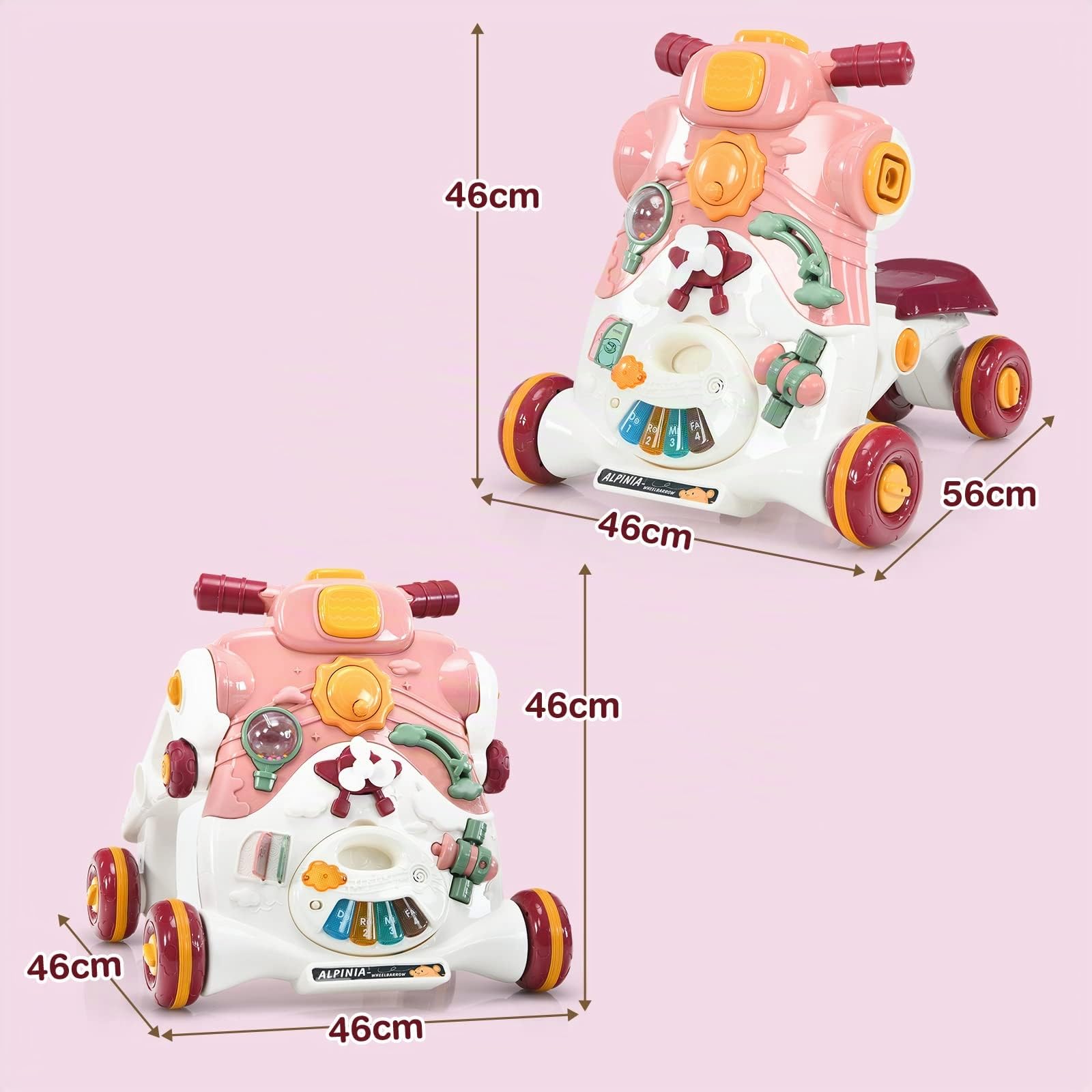 LIFEZEAL Carrellino Primi Passi 3 in 1, Girello bambini con Struttura Triangolare Stabile e Ruote Antiscivole, Gioco per Imparare a Camminare in Materiale Sicuro con Luce e Musica, 6-36 Mesi,Rosa