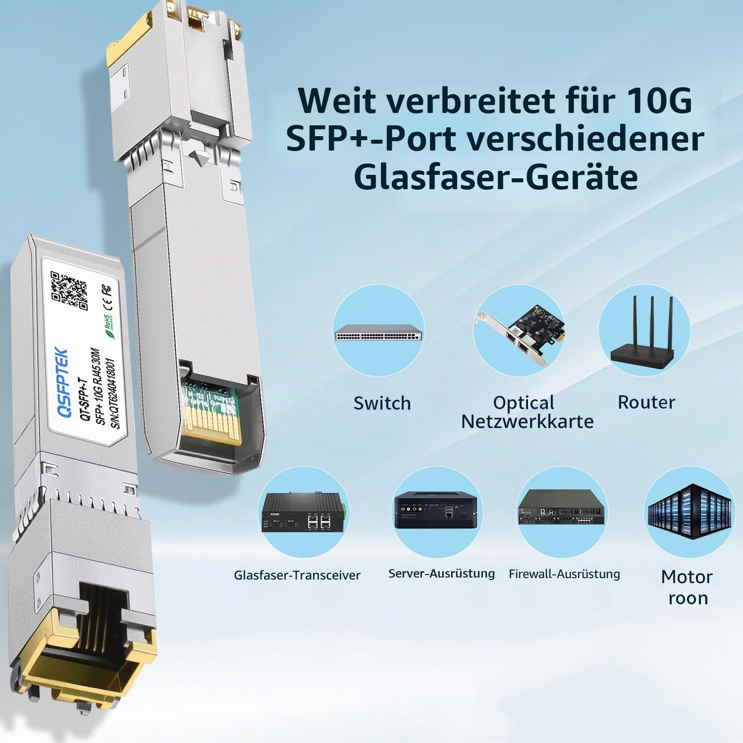 QSFPTEK 10GBASE-T SFP+ RJ45 Transceiver up to 80m, 10G SFP+ to RJ45 Copper Mini-GBIC Modul für Cisco SFP-10G-T-S, Ubiquiti UF-RJ45-10G, D-Link, Supermicro