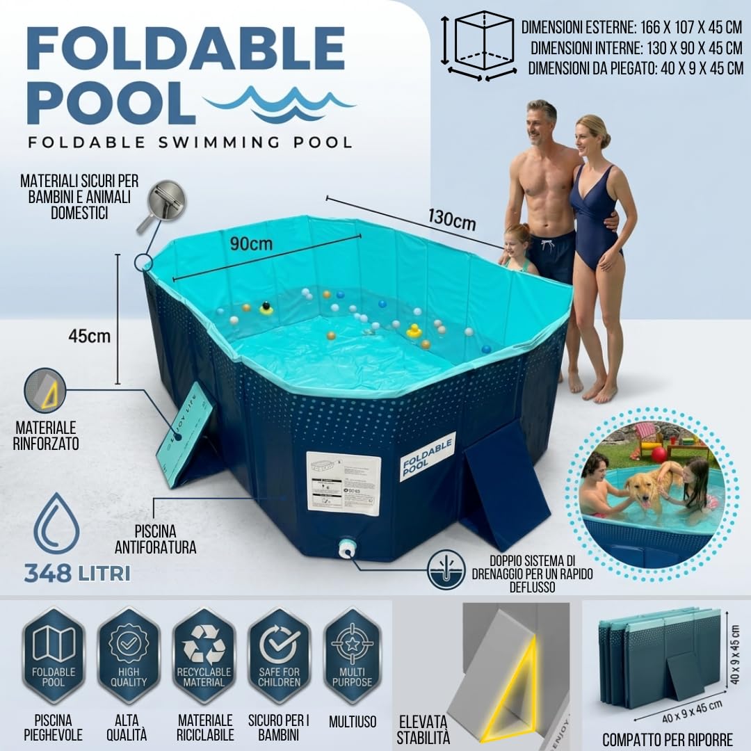 INDUSTEX - Piscina pieghevole Foldable Pool, Piscina per bambini, Piscina per cani portatile, Vasca, Piscina giocattolo, Animali domestici di medie, 348L (130x90x45cm)