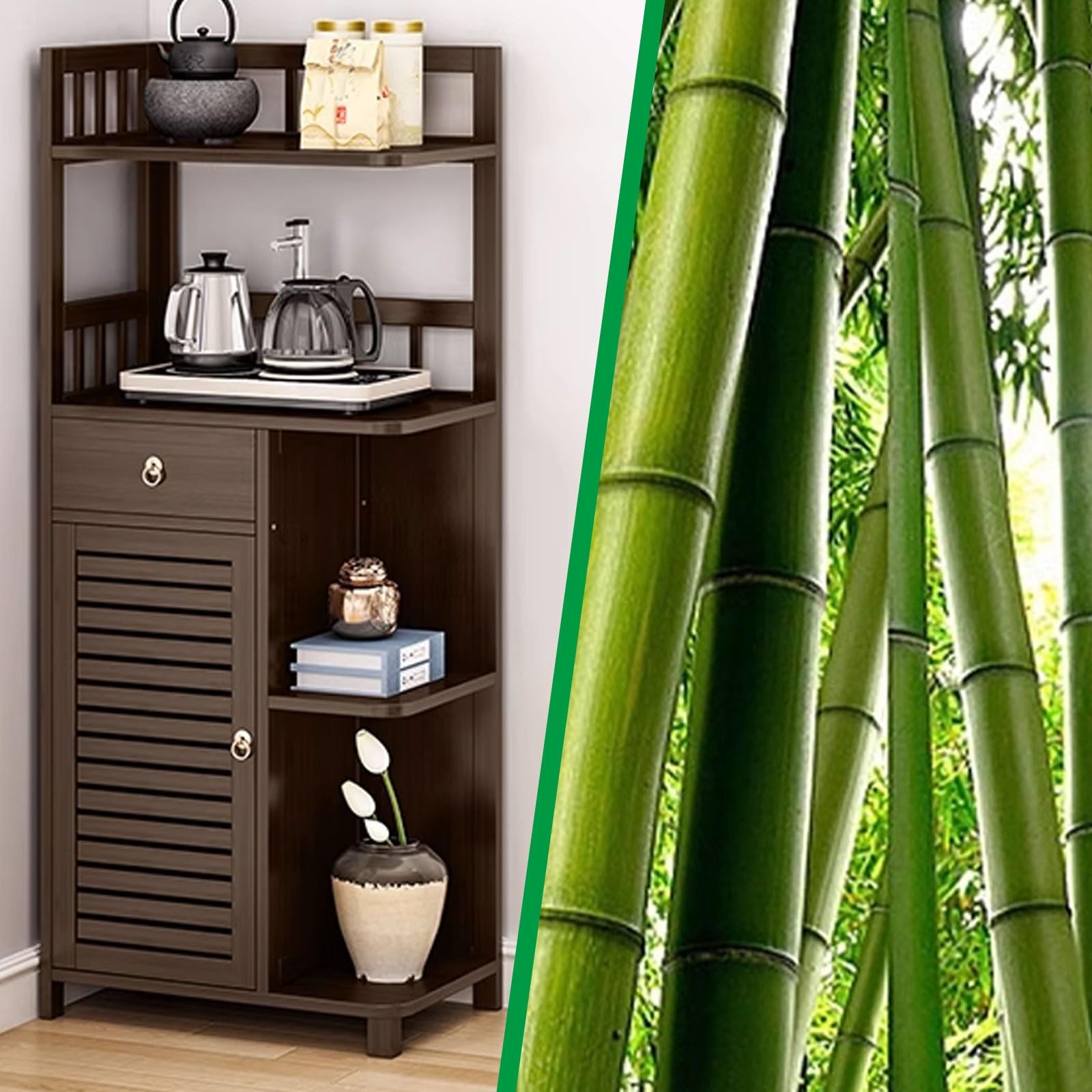 Eckschrank Klein Belastbar Bis Zu 60 Kg Bambusmaterial Freistehender Eckschrank Mehrere Speicheroptionen Top Zaun Lagerung für Wohnzimmer, Heimbüro, Flur(Brown,50 * 30 * 121CM)