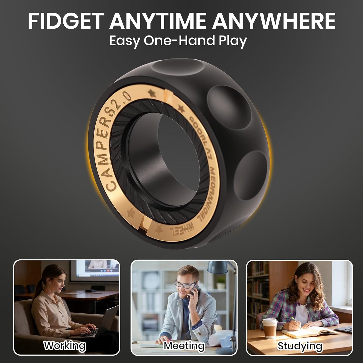 EDC Fidget Toy Mechanical Wheel, Metal Fidget Ring Toy for Adults ADHD & Anxiety Autism Stress Relief Cool Quiet Classroom Toy (Black)