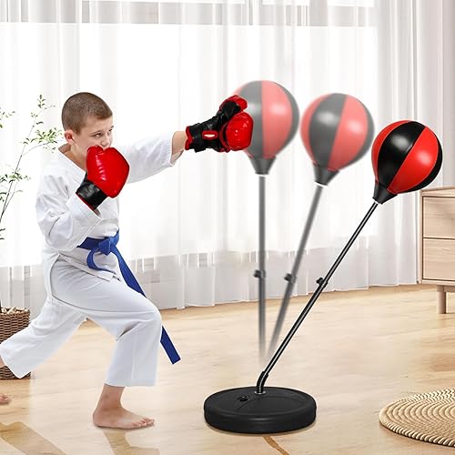 Miniatura 7 de Saco de boxeo para niños, bolsa de boxeo para niños de 3 a 8 años, sacos de boxeo con soporte ajustable de altura, juego de boxeo para niños con