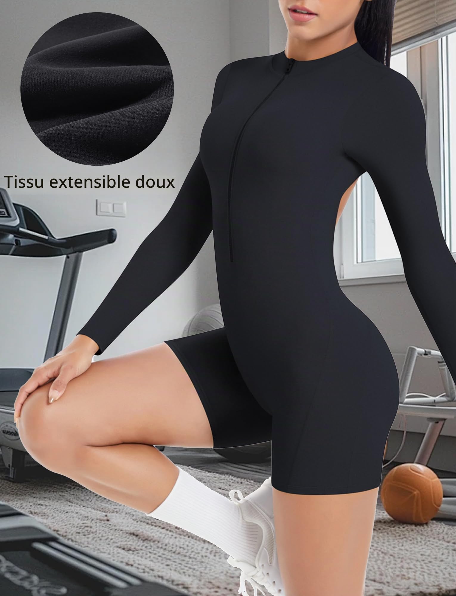 SEAUR Combinaison de Sport Femme Dos Nu Scrunch Butt Combishort Yoga à Manches Longues Fermeture Éclair Jumpsuit Gym Jogging S