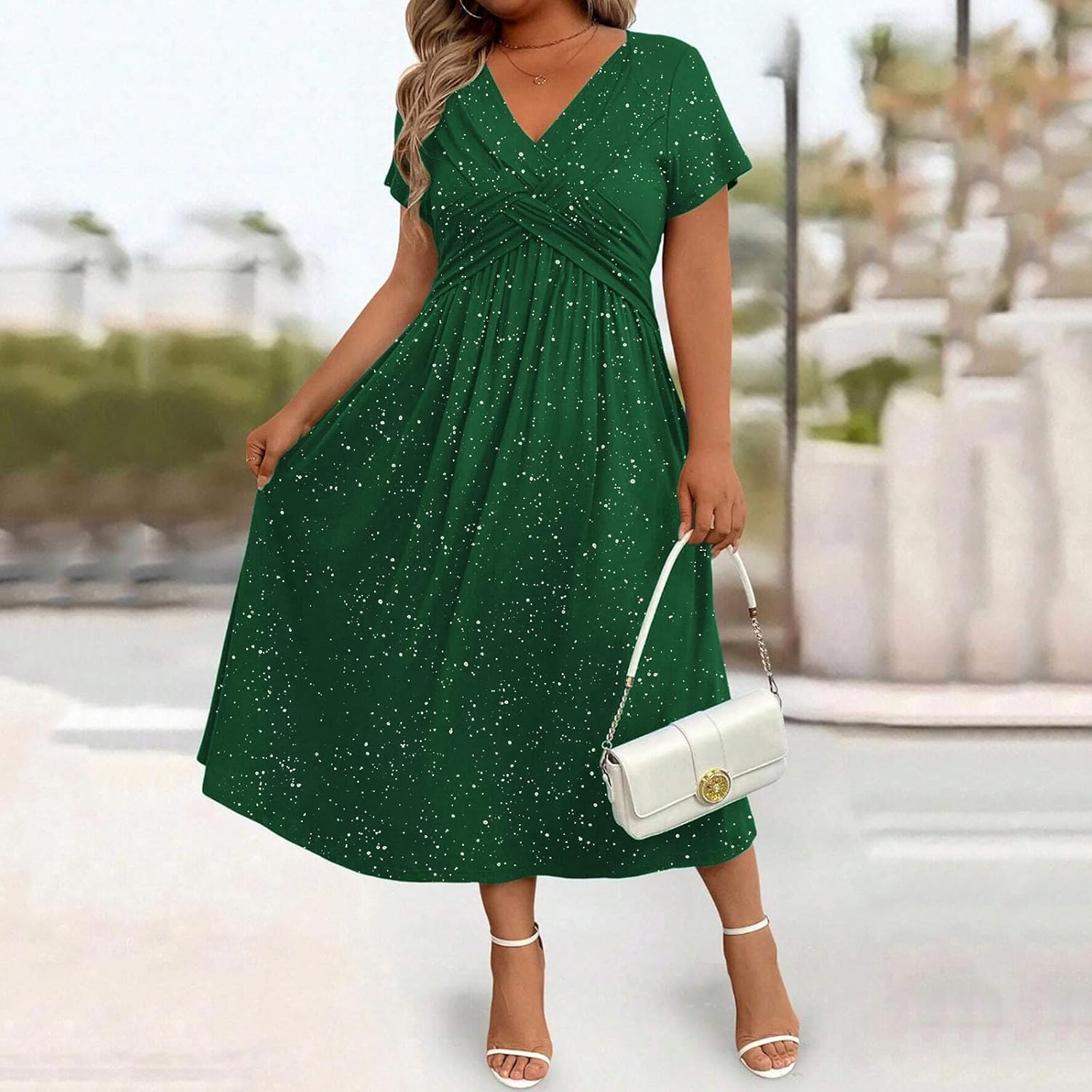 Plus Size Sequin Dress for Women Formal Short Sleeve V Neck Wedding Dress Guest Cocktail Midi Dresses with Pockets