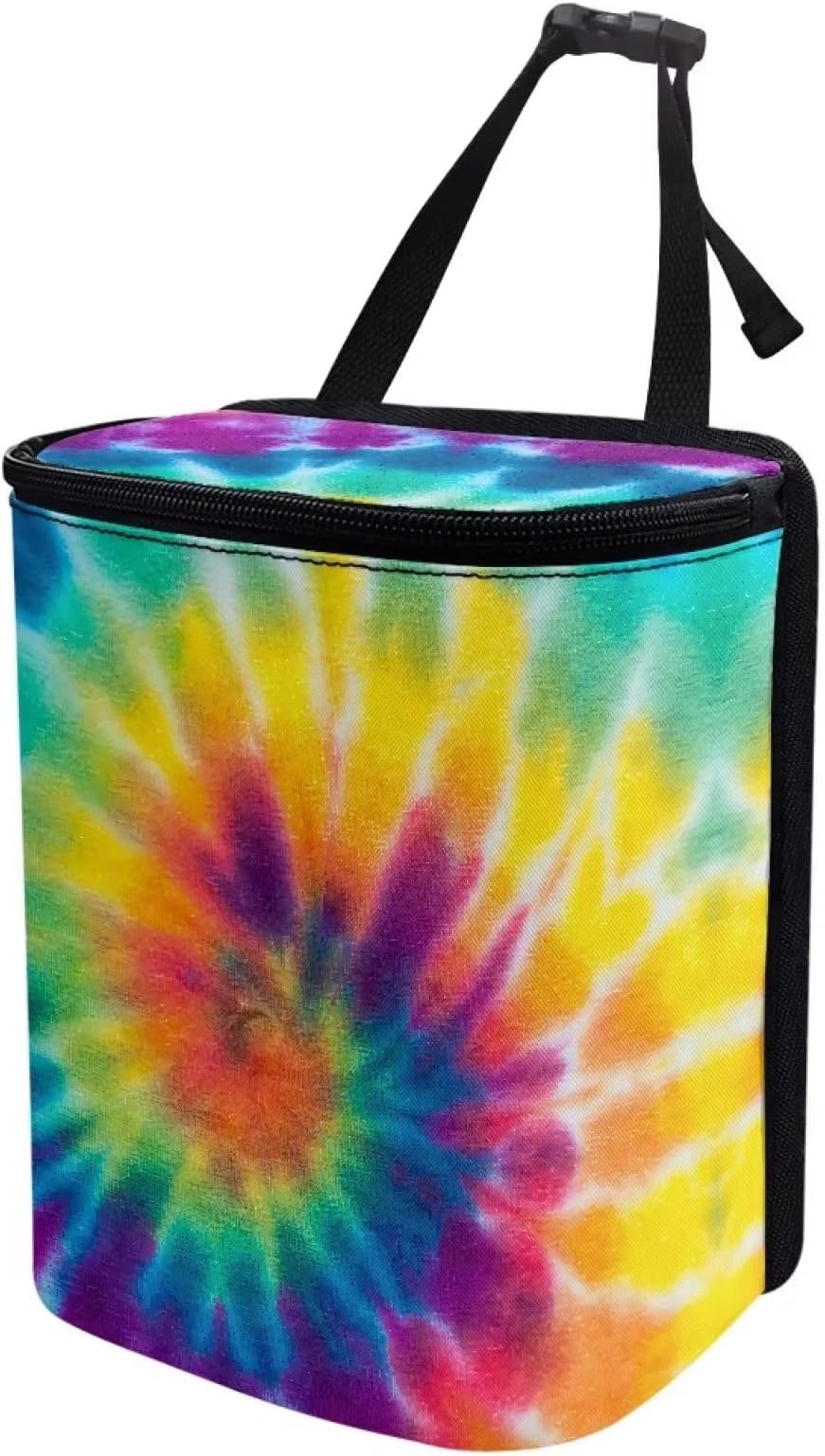 Renewold Tie-dye Car Trash Can, Car Trash Bag Bin Automotive Car Garbage Cans, Vehicle Trash Can with Adjustable Straps, Auto Waster Container with Zip, Camping Picnicing Hiking Storage Bag