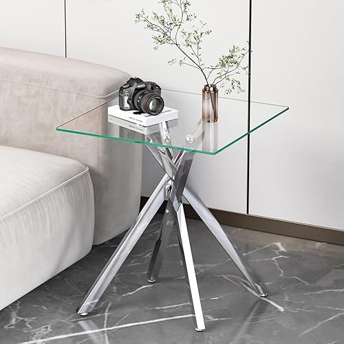 Goujxcy Mesa auxiliar pequeña de vidrio con patas de metal plateado, moderna mesa auxiliar cuadrada de vidrio templado transparente con diseño