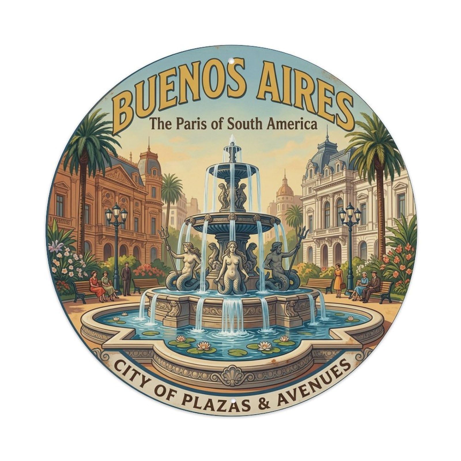 Metal Tin Sign Vintage Travel Buenos Aires Argentina Fountain