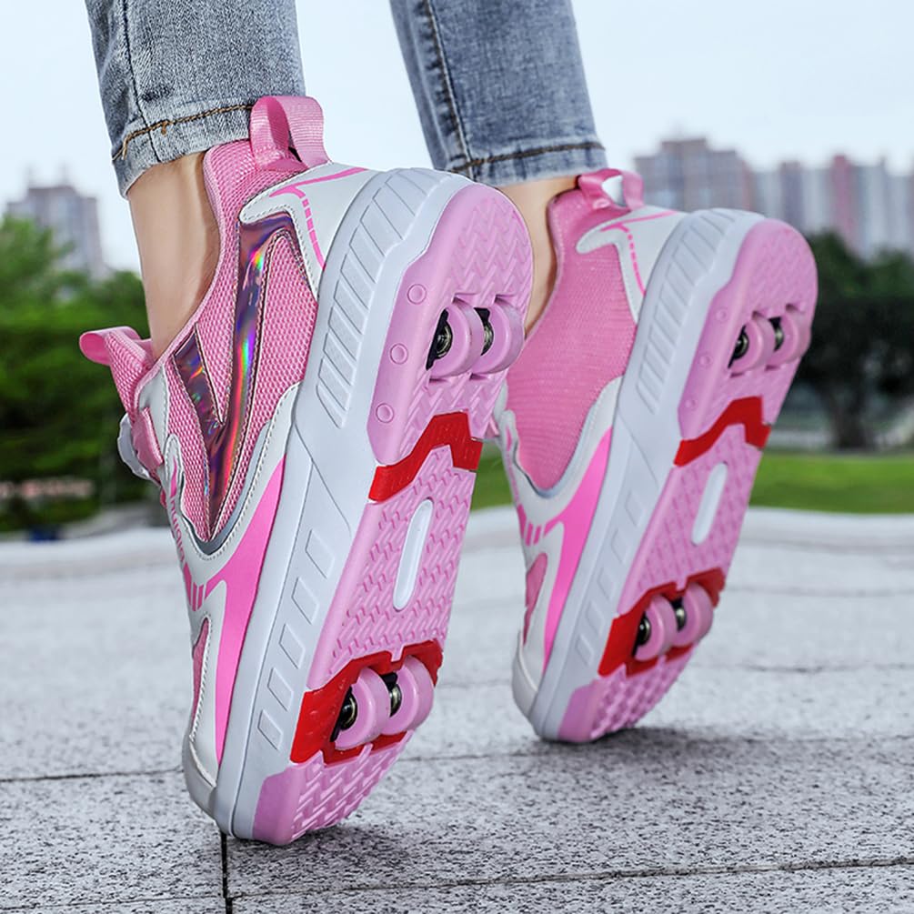 Chaussures à roulettes Fille Et Garçon Patins de Skate à roulettes Sneakers Roller 2 en 1 Chaussures de Skateboard Baskets avec Roues Outdoor Patins à roulettes Enfants (BZX-T24, 37EU)