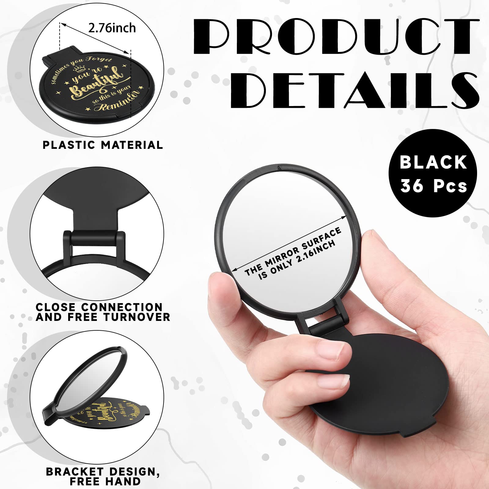 Gulfmew 36 Pcs 2.76 Inch Inspirational Compact Mirror Bulk Women Small Gifts Graduation Party Favors Purse Mirror Pocket Mini Stuffer Items for Adult Coworker Cheerleader Employee (Black) - Image 2