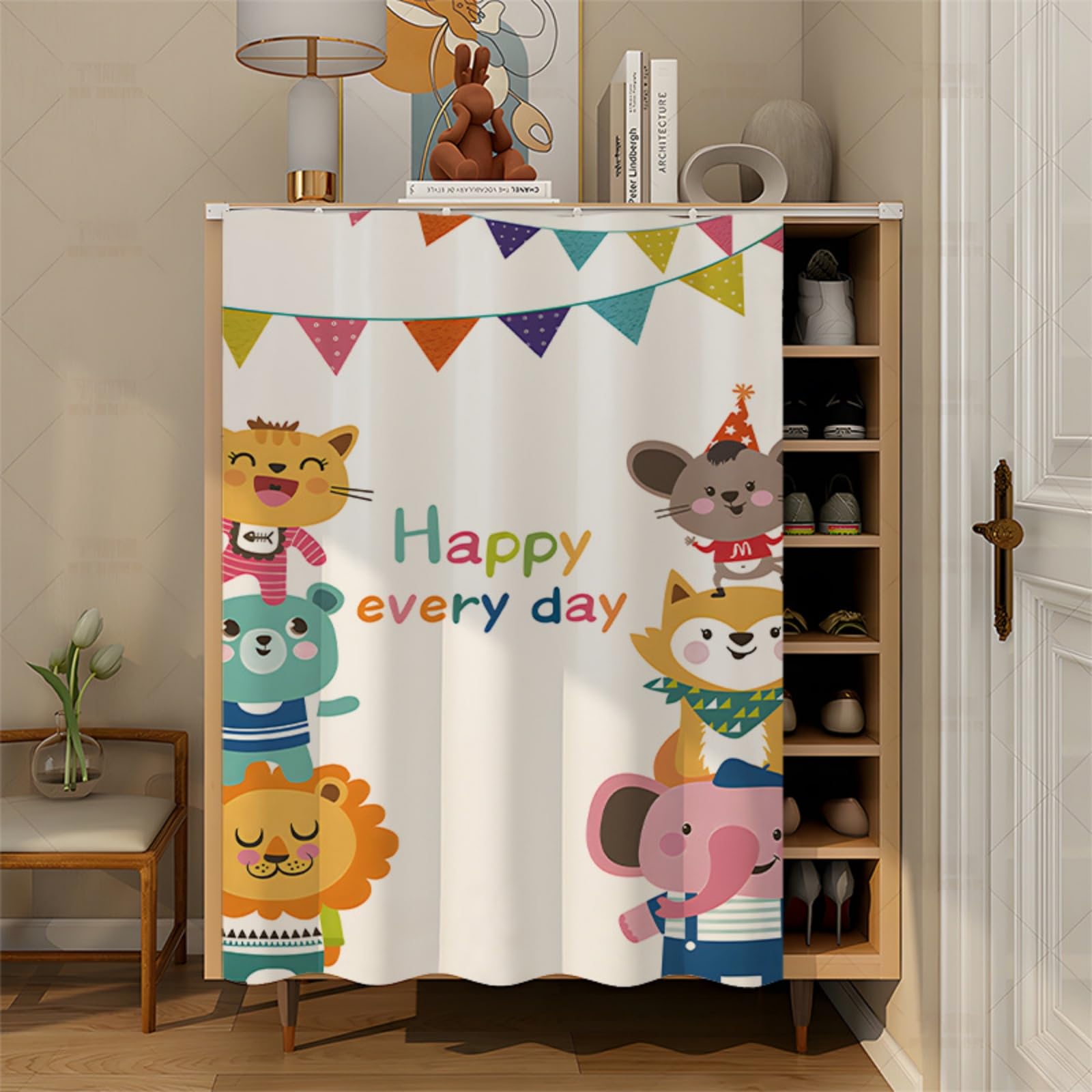 Fasbuy Cupboard Short Curtains Kitchen with Hook and Loop, Hide Away Small Curtains for Kitchen Cupboard Door - No Drilling Is Required for Under Sink (Kids' Cartoons 1,H100xW80cm)
