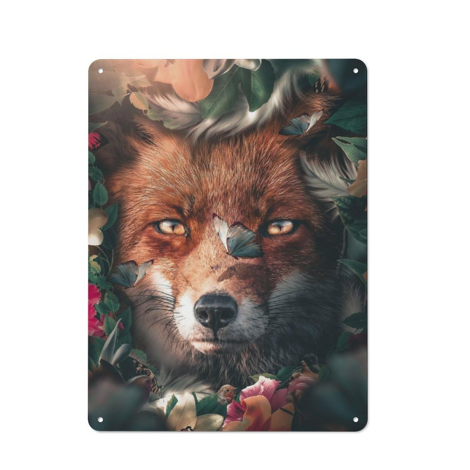 Junmoney Floral Fox Metal Plaque 40X30cm With For Pub Or Café, Rustic Decor, For Pub Decor Enthusiasts