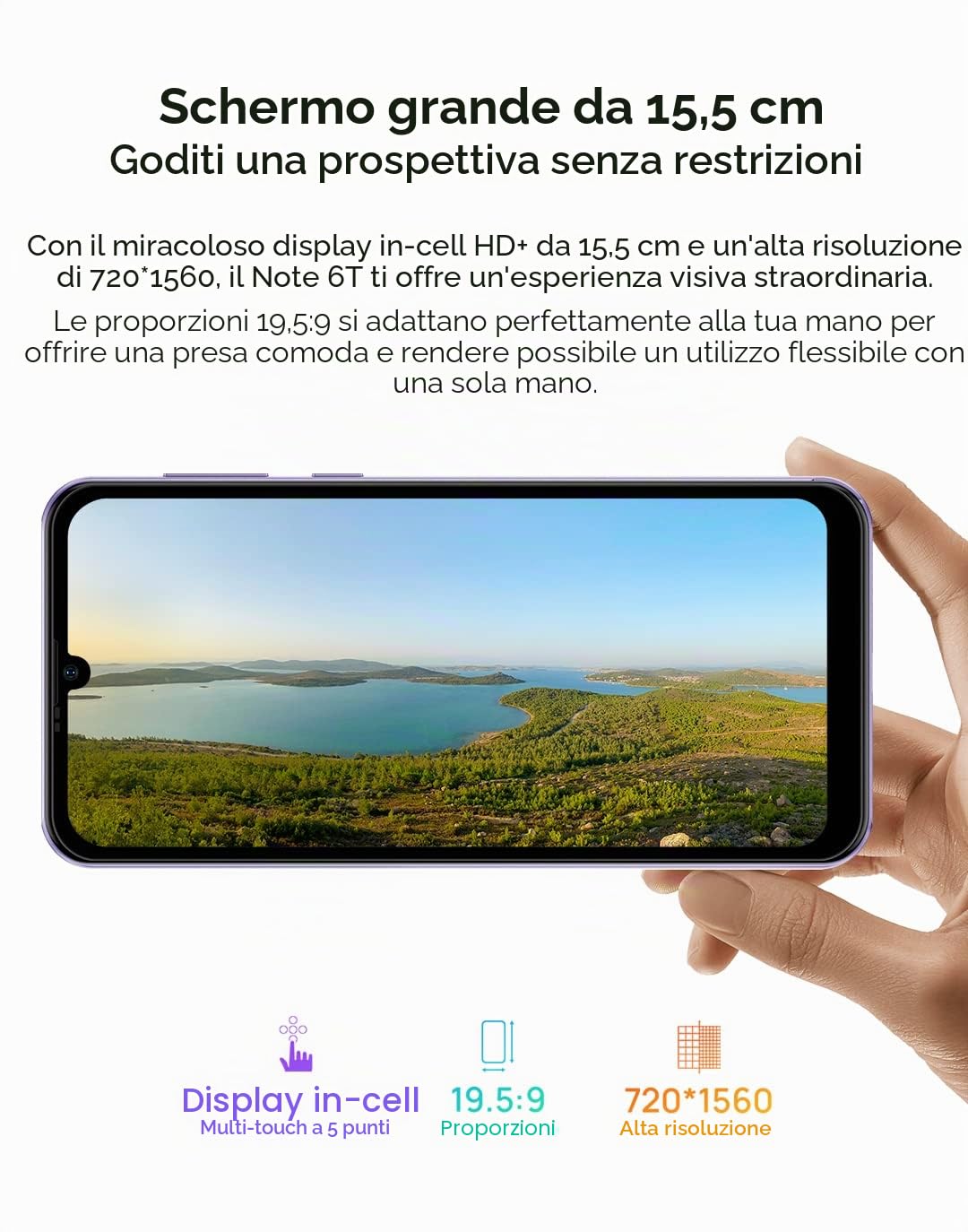 Ulefone Android 12 Smartphone NOTE 6T, 2.0GHz Quad Core 3GB+64GB, 8,5mm Ultra Sottile 4G Cellulare DUAL SIM, Schermo HD+ 6,1'', Slot Per 3 Schede, Fotocamera 13MP+5MP, GPS WIFI Sblocco Facciale Nero