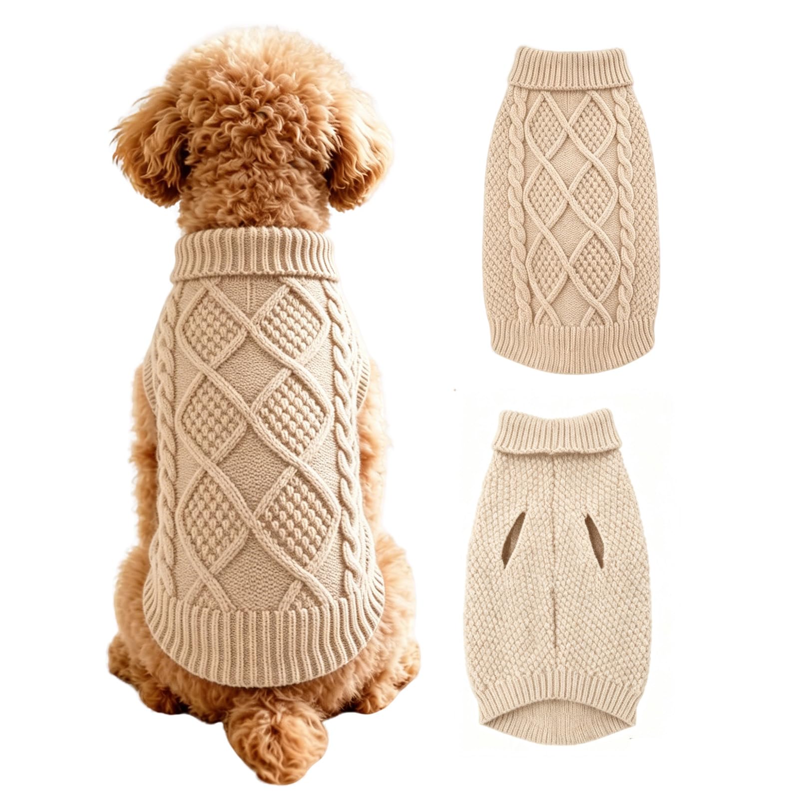 Beyinkoy Knitted Dog Sweaters, Soft Knit Pullover Pet Outfit with Leash Hole, Winter Coat Warm Sweatershirts for Small Medium Large Dogs, Soft Warm Pet Knitwear for Fall Winter (Khaki, S)
