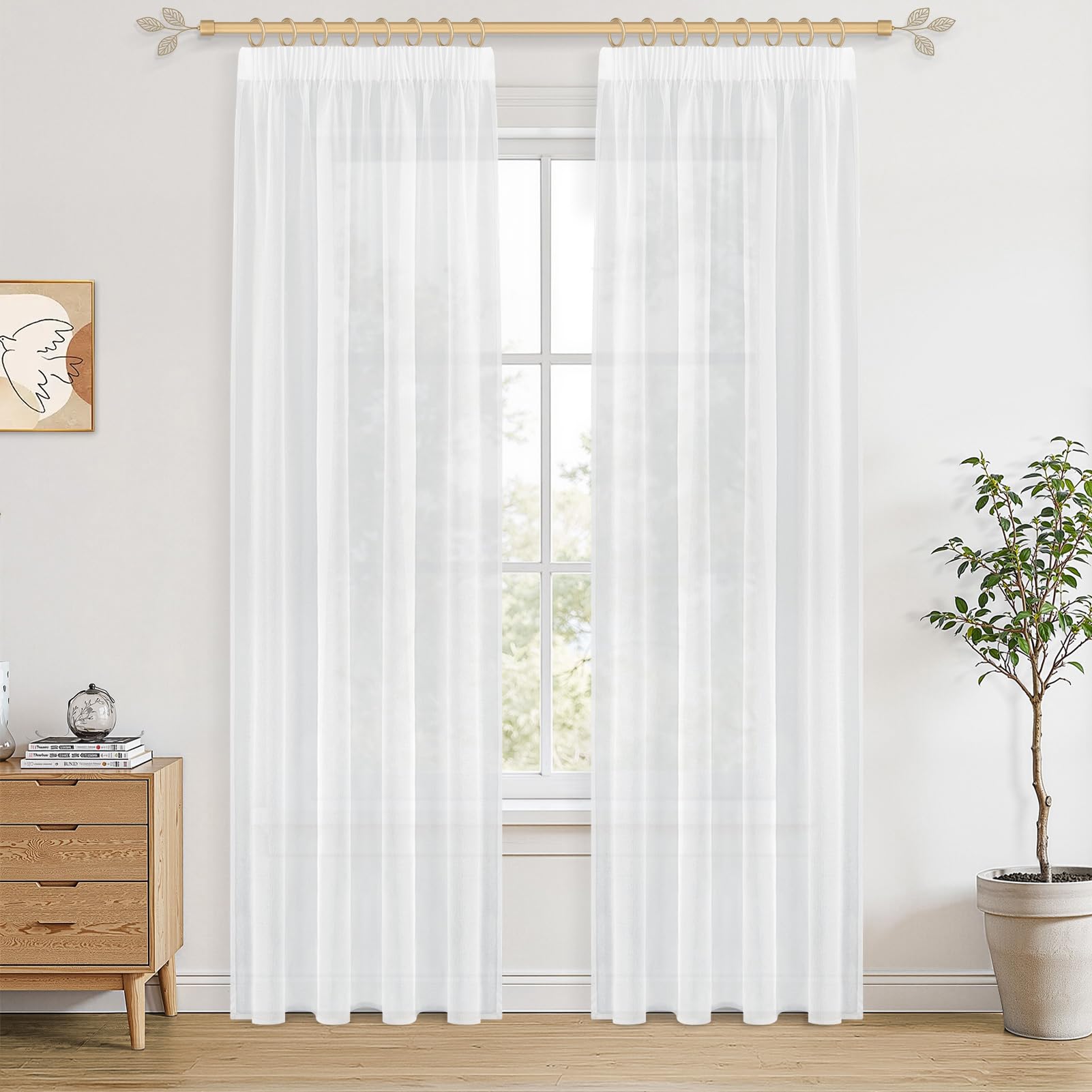 CUTEWIND Vorhang Schienensystem 225x140cm (HXB) Gardine Boho Style Weiß Transparent mit Kräuselband 2er Set, Ideal für Schlafzimmer, Wohnzimmer, Küche und Kinderzimmer