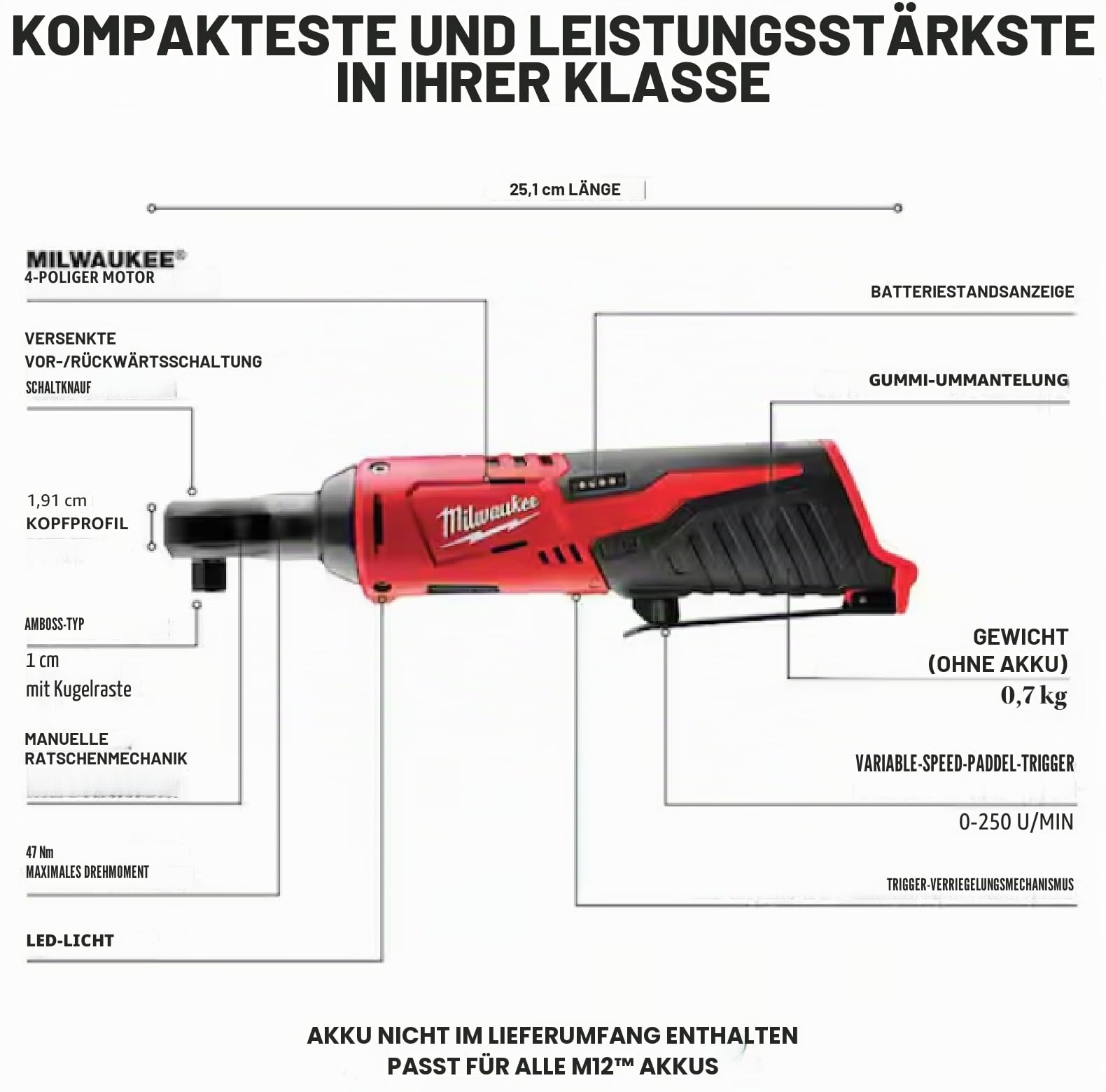 Milwaukee 2457–20 M12 3/8 Ratsche Werkzeug nur