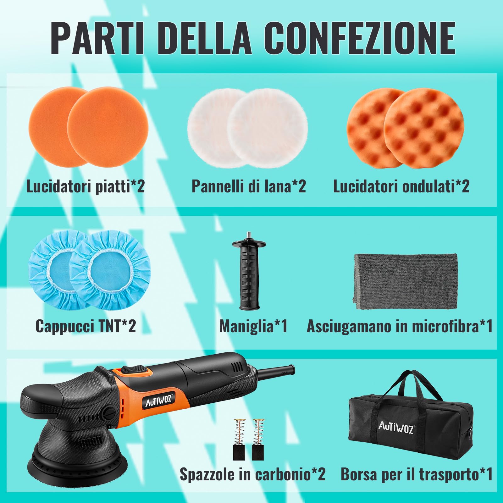 AUTIWOZ 630W Lucidatrice Auto Orbitale 9mm,125mm Kit di Lucidatura,Levigatura Eccentrica Piccole Dimensioni,6 Velocità Variabili (2000-6200 giri/min),Cura dell'auto,Rimozione dei graffi - W01