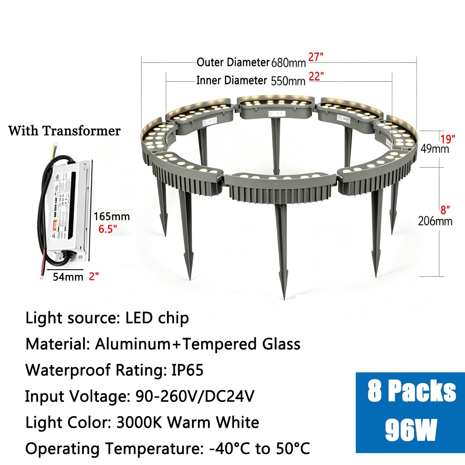 Transformador de Luces de Anillo LED para Árbol, Iluminación Exterior de Bajo Voltaje Impermeable para Jardín y Árboles, Focos LED de Paisaje Blanco Cálido con Estaca(7 lights)