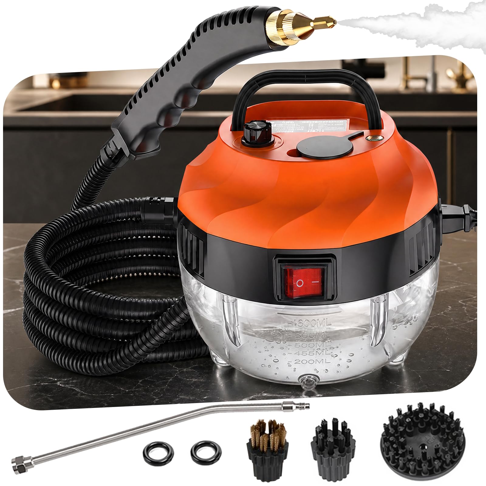 Limpiador a Vapor 1500W, 105℃, 6 Niveles, 3BAR Portátil | Vapor 105℃ 3BAR, 15 s calentamiento. Depósito 1,3L, 6 niveles, 3 cepillos. Sin químicos, para cocina baño coche.