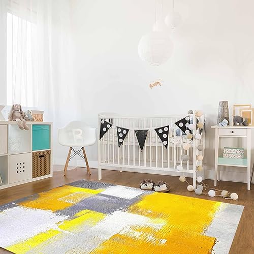 Miniatura 4 de Alfombra amarilla de 3 x 5 pies para sala de estar y dormitorio, alfombra moderna abstracta gris, alfombra suave antideslizante, alfombra de