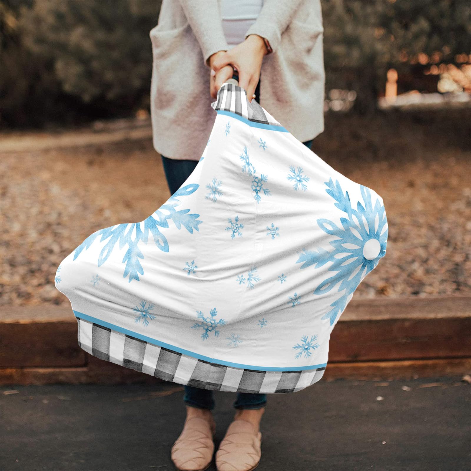 Nursing Cover for Breastfeeding Scarf, Blue Snowflake Black and White Striped Winter Baby Car Covers Super Soft Multi Use for Canopy Shopping Cart Cover Blanket Stroller Cover