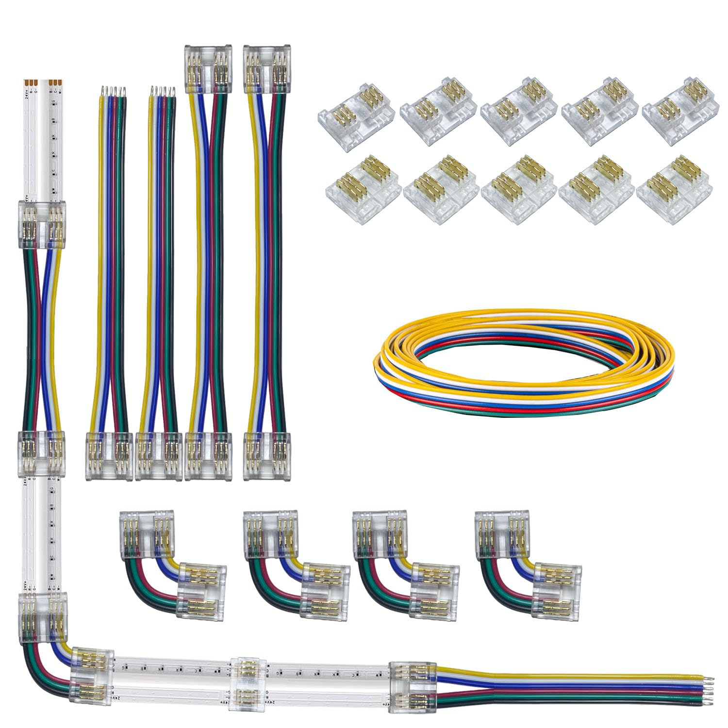 6pin 12mm COB Connector Kit for RGBCCT LED Strip Lights,1m 6 Conductor 24AWG Wire,10pcs Gapless Strip to Wire/Strip,4pcs L-Shaped,4pcs One/Dual-End with Wire (6-pin 12mm)