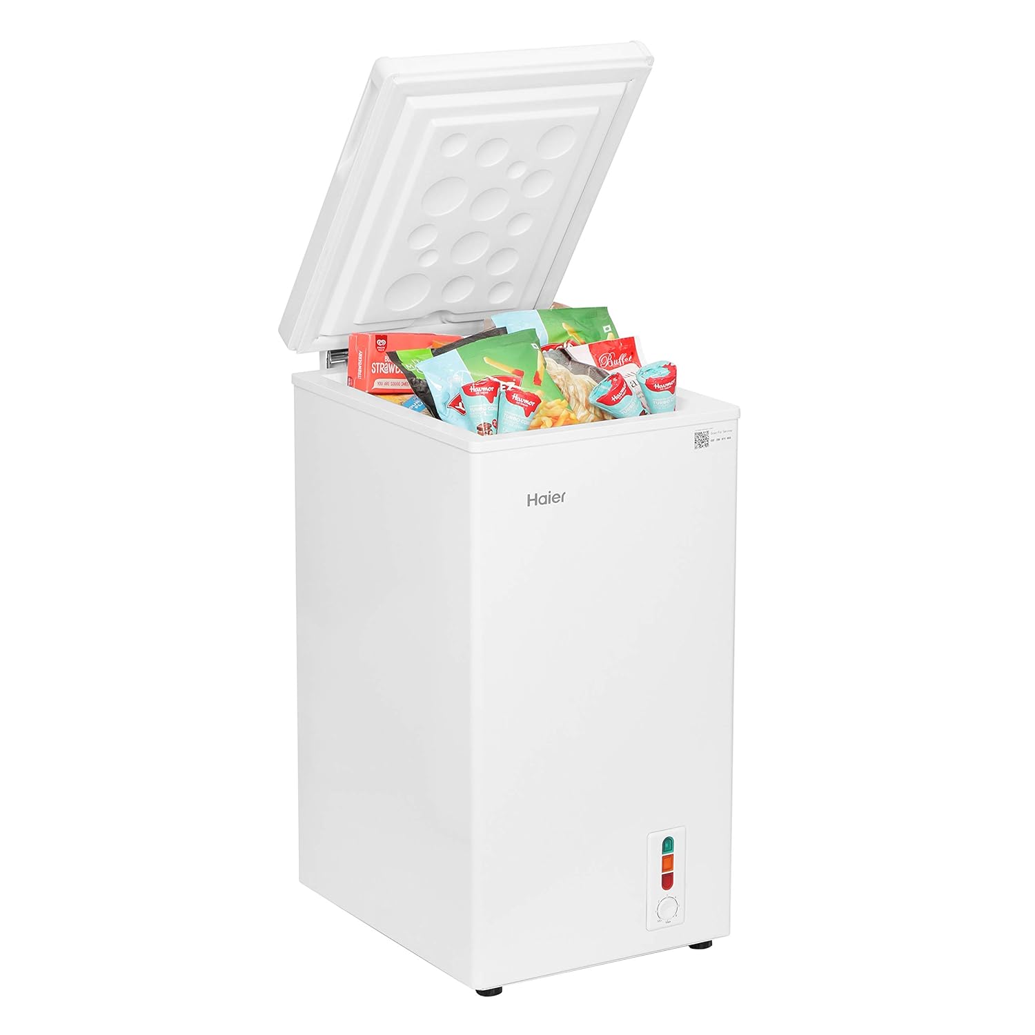 Haier HCF100HTQ Deep Freezer from an angle, lid open and filled with frozen goods