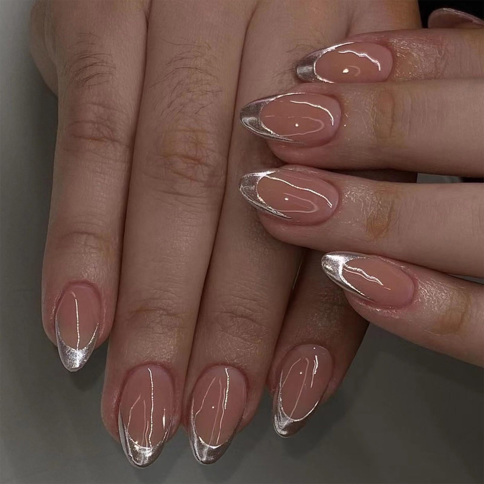 swynrf Silver French Tip Short Almond Full Covers False Nails Simple Stick on Nails Simple Artificial Nails