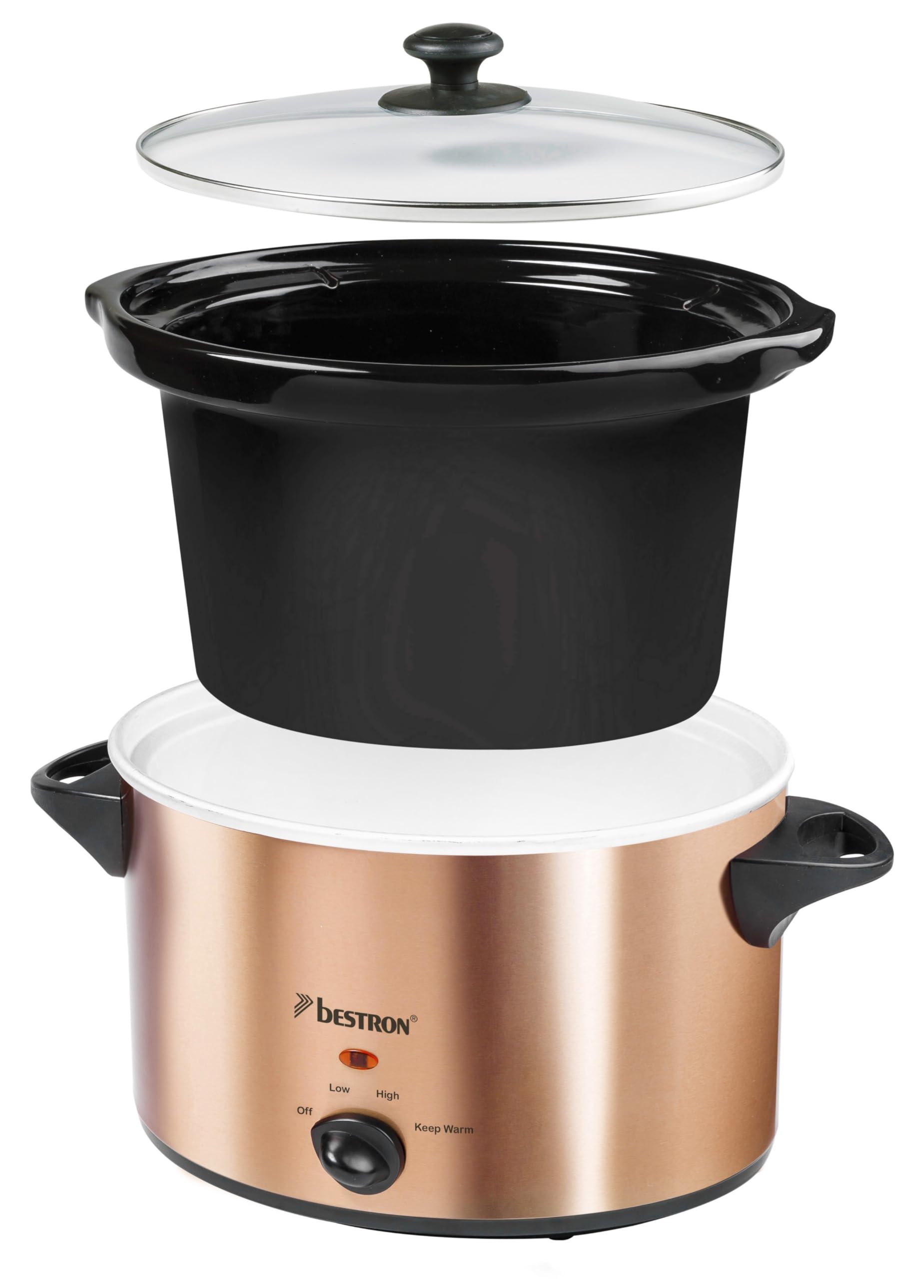 Bestron Slowcooker per 4 persone, con padella in ceramica e coperchio in vetro, termostato a 3 livelli, ideale per molti piatti come carne, zuppe e verdure, 3,5 litri, collezione di rame