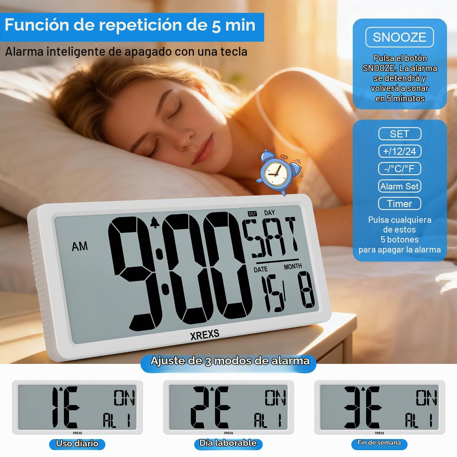 XREXS Reloj de Pared Digital 13,46" LCD Multilingüe con Calendario, Despertador, Alarma y Temporizador - A Pilas, Temperatura, para Hogar, Oficina, Cocina y Clases - Batería Incluida