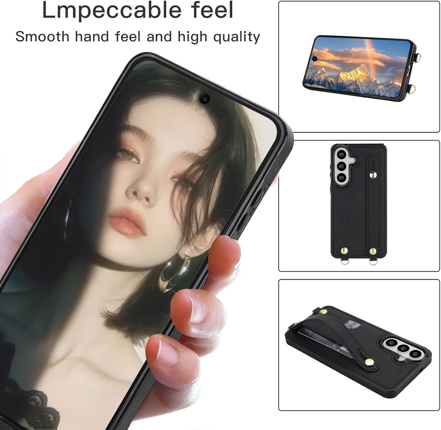 Crossbody with Card Holder for Galaxy S26 Case XK-Black | PU Leather Shockproof Protective Cover with Adjustable Shoulder Lanyard & Kickstand & Wrist Strap for Samsung S26