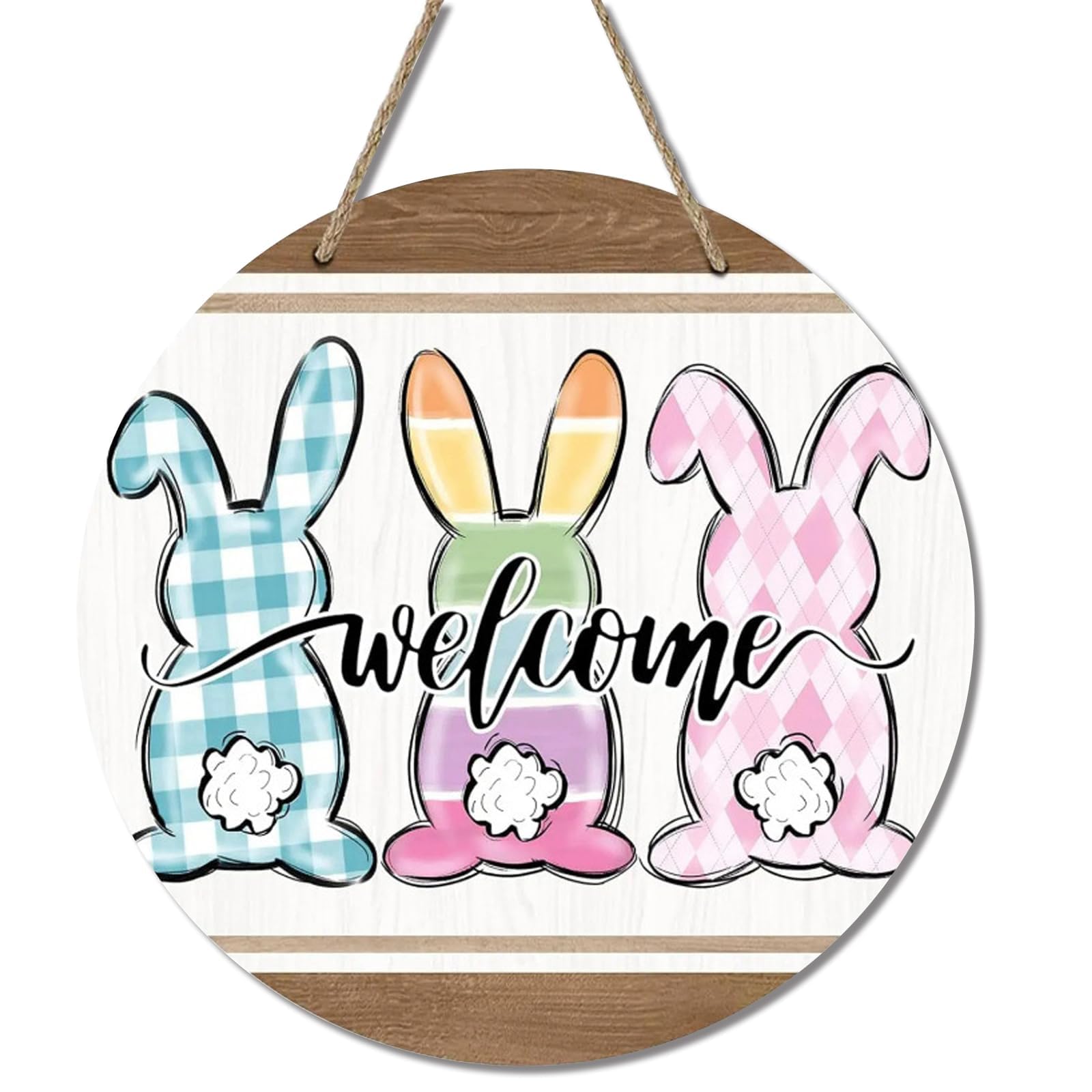 Easter Door Hanger Wooden Welcome Sign for Front Door Easter Hanging Decorations with Cute Bunny easter Sign for Porch Wall Garden Farmhouse Home Decor 30x30 cm