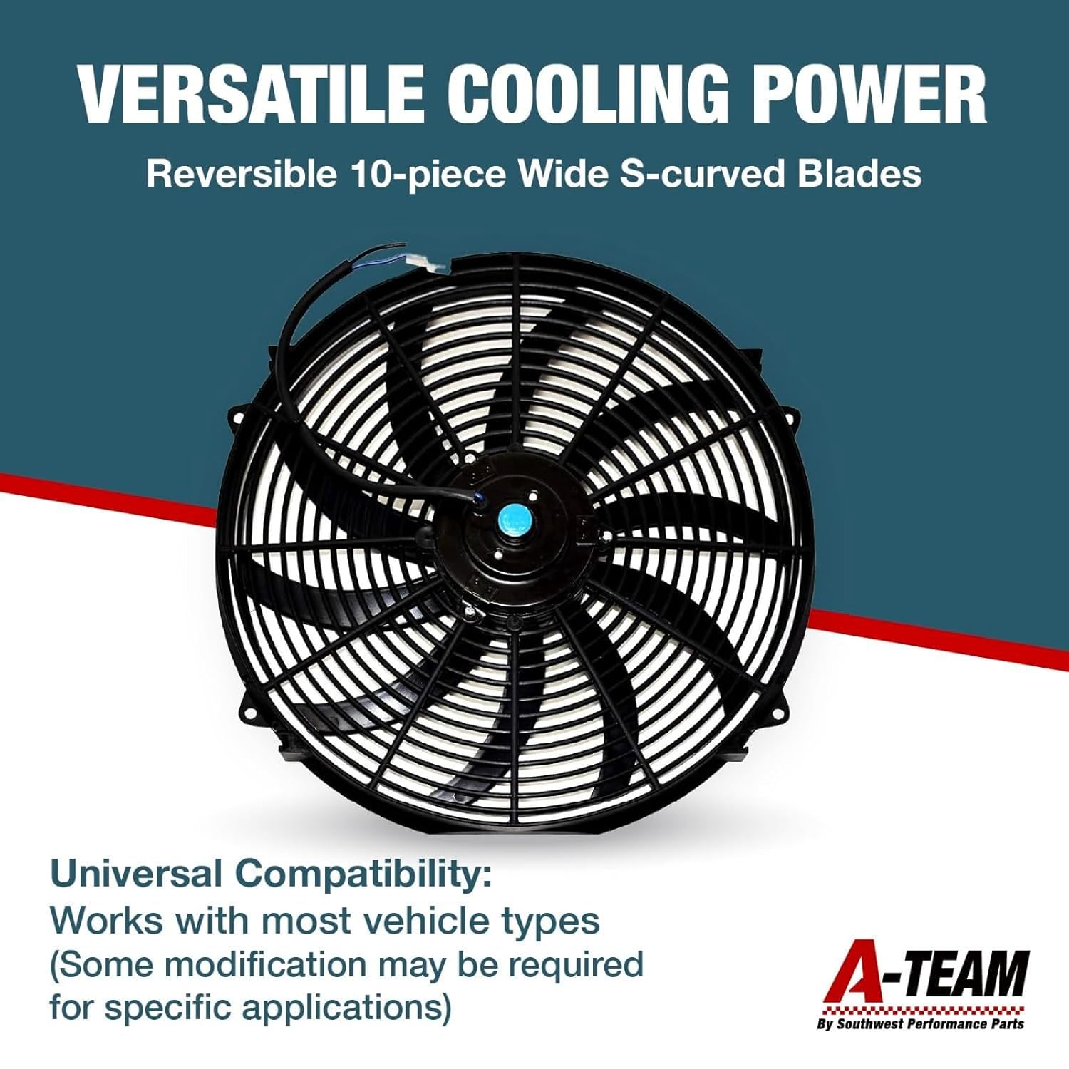 A-Team Performance 16" Electric Radiator Cooling Fan Kit - Reversible Push-Pull & 3000 CFM - 10 S-Curved Blades & Thermostat Control - Fan Mounting Kit & Universal Fit - 12V, 3-Pin Connector