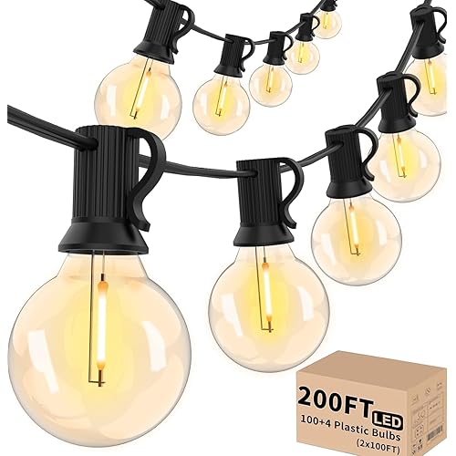 Svater Outdoor String Lights 200 FT, Patio Lights with 104 Shatterproof LED Bulbs, Commercial Grade Waterproof Plastic Hanging Lights for Bistro Backyard Cafe Market, Warm White 2700K (2 X 100 FT)