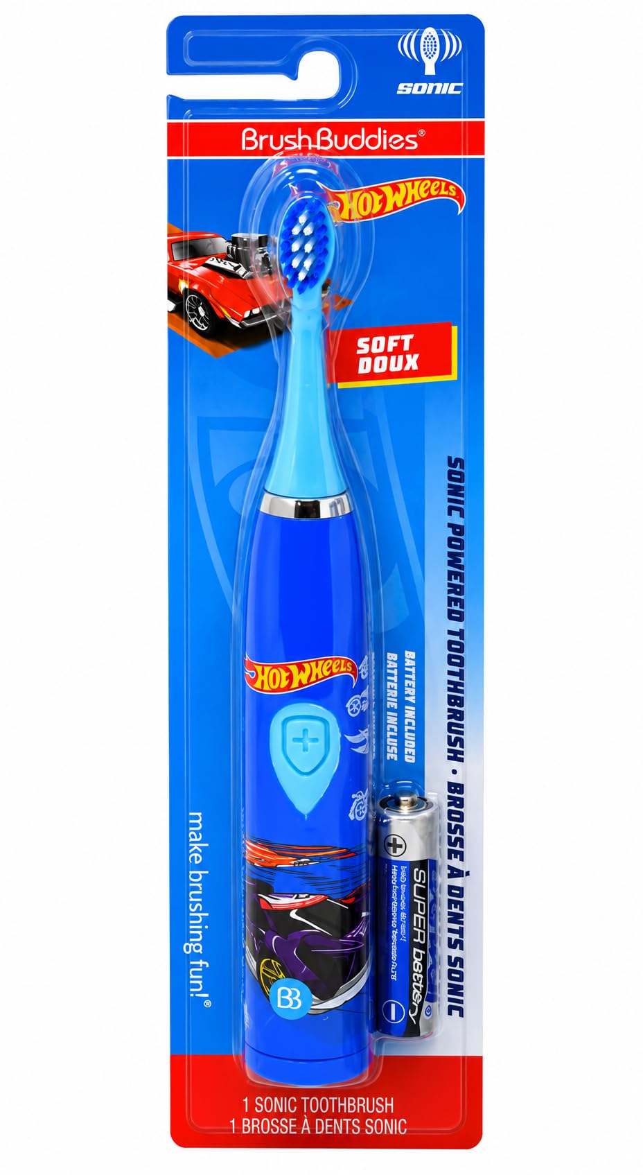 Hot Wheels Battery Powered Sonic Electric Kids Toothbrush Soft Bristles Rounded Head Children Boys Girls Blue Gentle Cleaning Easy Grip Handle Plaque Removal Oral Care