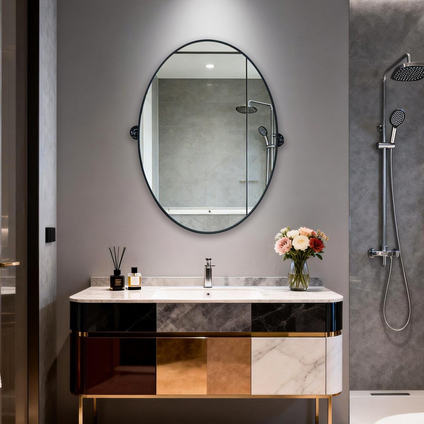 Specchio Angolo Arrotondato Girevole ±9° Telaio in lega di alluminio 50x70cm Nero Ovale
