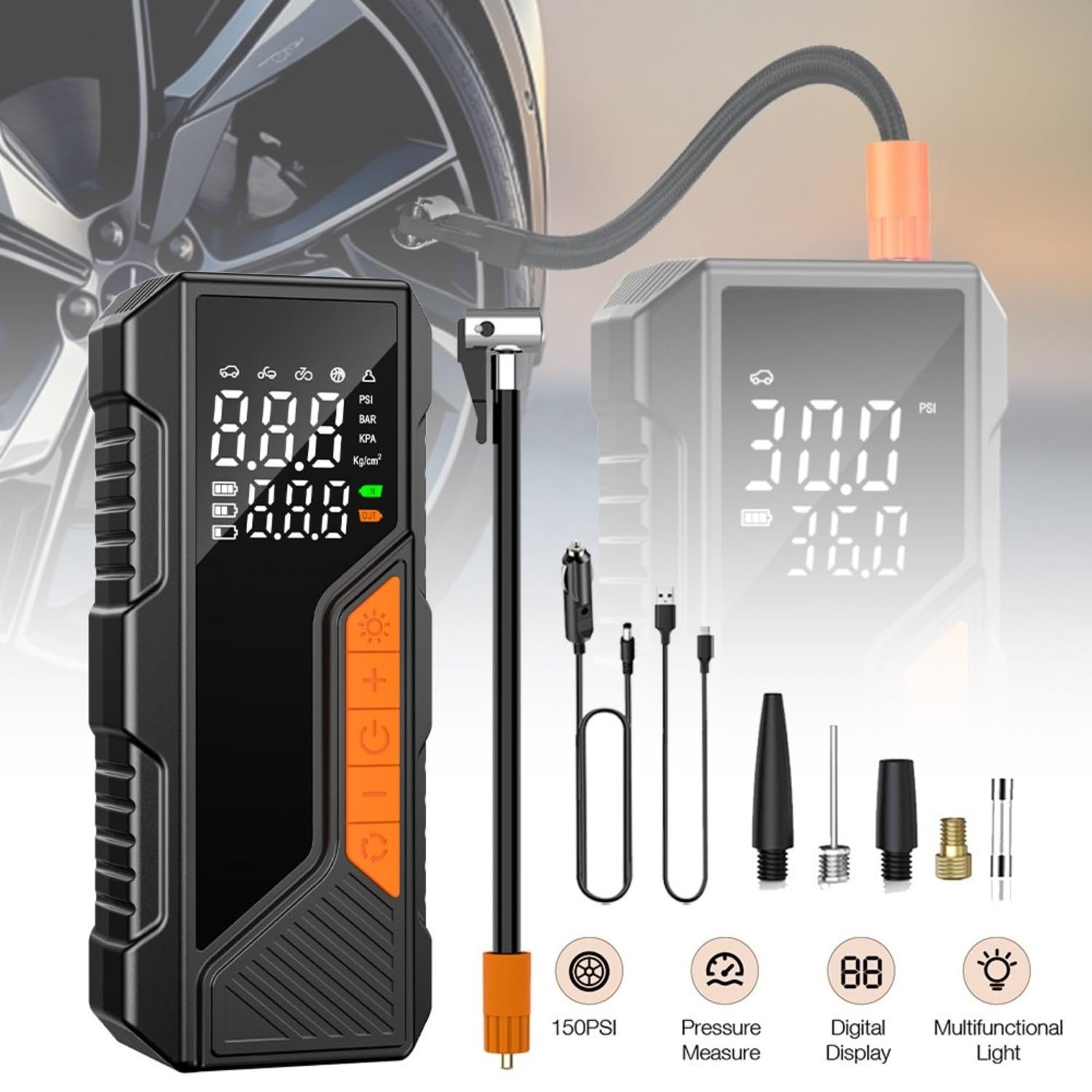 Inflador Ruedas Coche Compresor de aire inalámbrico portátil de 150PSI, medidor de neumáticos para bicicleta y coche, pelotas deportivas para motocicleta, luz LED Compresores de aire portátiles