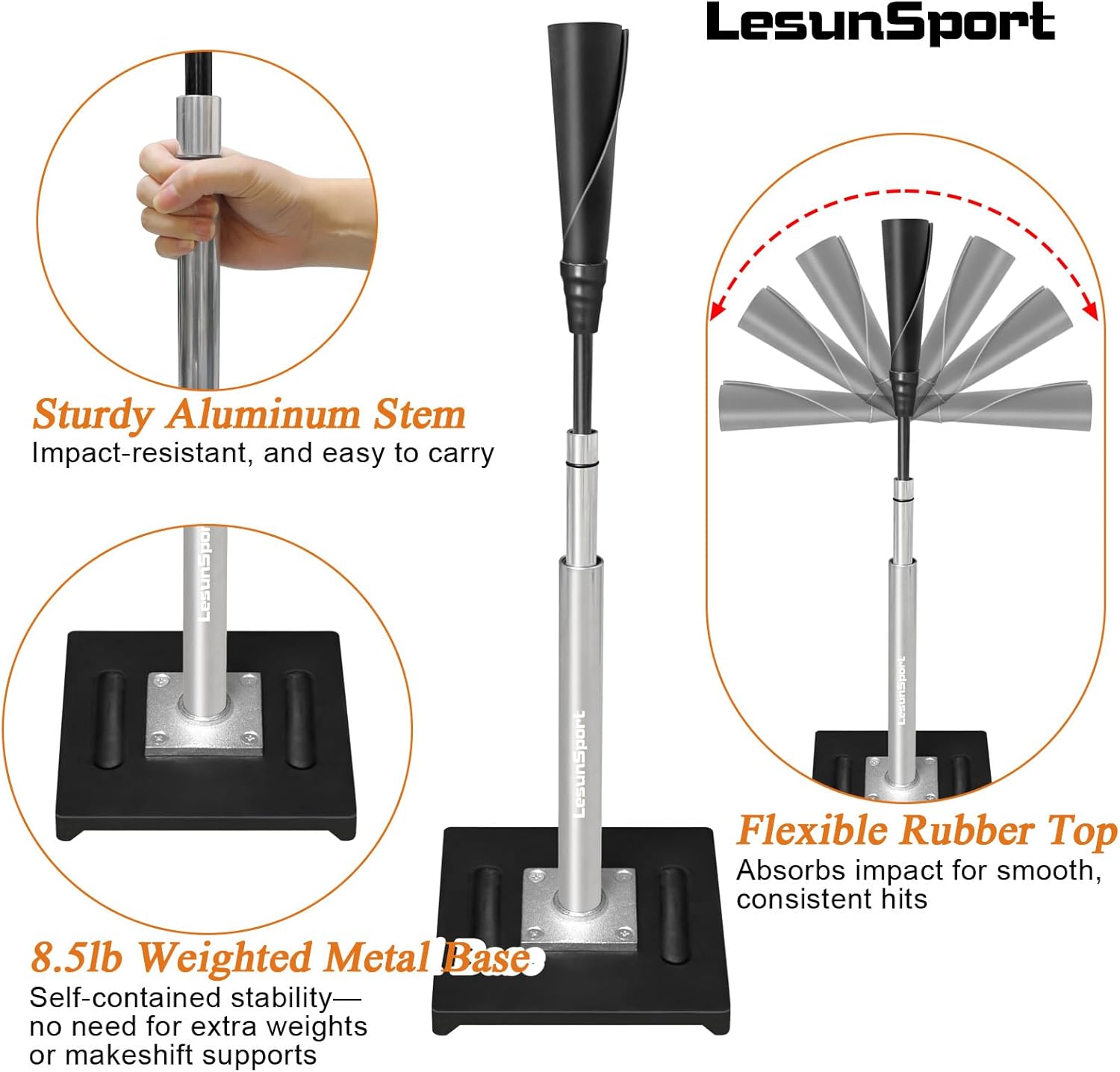 Portable Baseball Batting Tee, Adjustable from 24-46 inches, Heavy-Duty Metal Base, Batting Tee with Rubber Top for Baseball, Softball, T-Ball, Easy Assembly Baseball Tees for Hitting