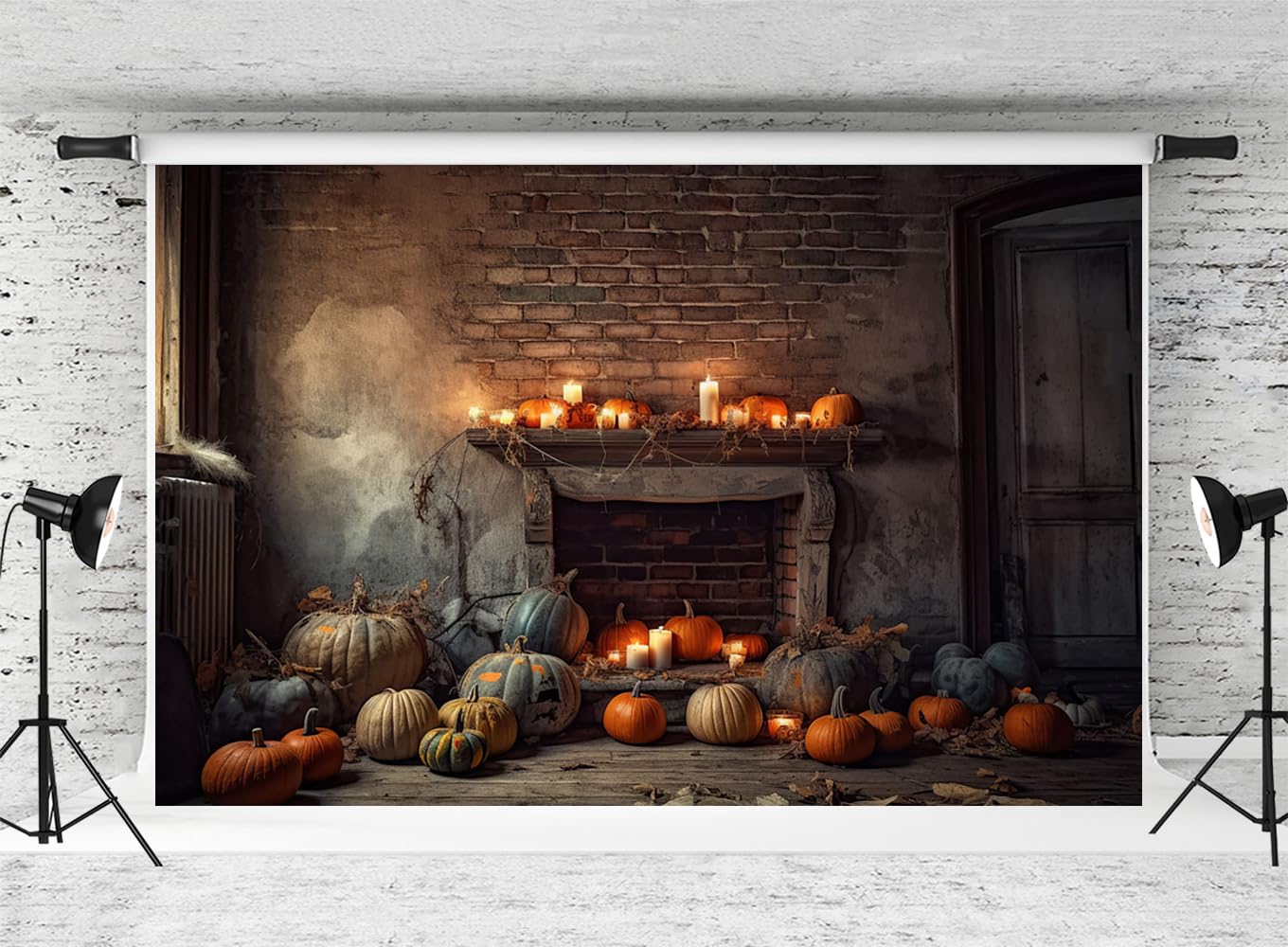 Kate Autumn Halloween Fireplace Backdrop for Photography Fall Thanksgiving Day Brick Wall Kids Party Decor Background Photo Fabric Studio Props (