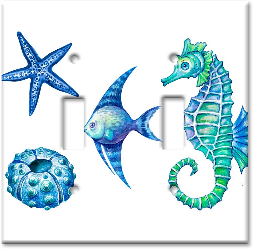 Art Plates - Double Gang Toggle OVERSIZE Switch Plate - OVER SIZE Decorative Metal Wall Plate - Colorful Seahorse and Shells - (Made in USA)